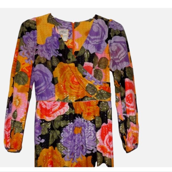 VINTAGE Alice of California Bright Floral Wrap Maxi Dress Gown Metallic Gold - Picture 2 of 7